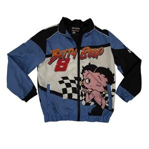 Betty Boop x Reason Jacket Womens Large Blue Racing Bomber Windbreaker Damaged